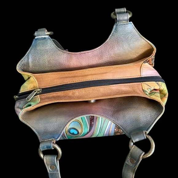 Anuschka Pastel Peacock Shoulder Bag multi pocket with 2 attached pouches NEW - Picture 8 of 11